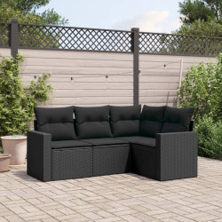 4 Pcs conjunto de sofás para jardim c/ almofadões vime PE preto