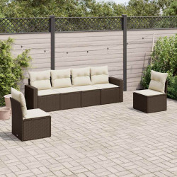 6 Pcs conjunto de sofás jardim c/ almofadões vime PE castanho