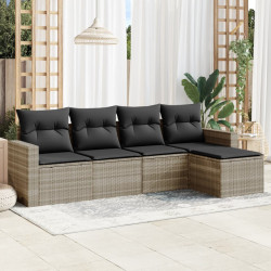 5 Pcs conj. sofás jardim c/ almofadões vime PE cinzento-claro