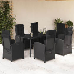 7 Pcs conjunto de jantar p/ jardim c/ almofadões vime PE preto