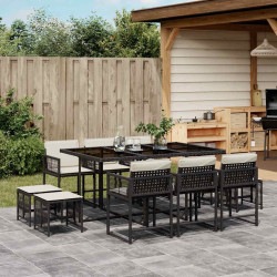 11 Pcs conjunto de jantar p/ jardim c/ almofadões vime PE preto