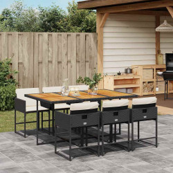 7 Pcs conjunto de jantar p/ jardim c/ almofadões vime PE preto