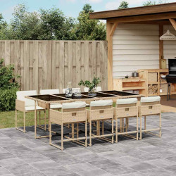 9 Pcs conjunto de jantar p/ jardim com almofadões vime PE bege