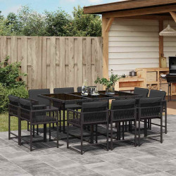 11 Pcs conjunto de jantar p/ jardim c/ almofadões vime PE preto