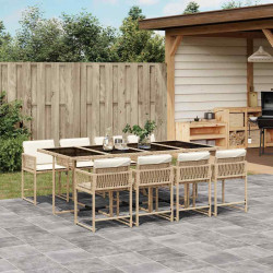 9 Pcs conjunto de jantar p/ jardim com almofadões vime PE bege
