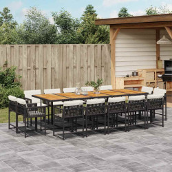 15 Pcs conjunto de jantar p/jardim com almofadões vime PE preto