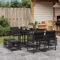 9 Pcs conjunto de jantar p/ jardim c/ almofadões vime PE preto