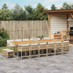 17 Pcs conjunto de jantar p/ jardim c/ almofadões vime PE bege