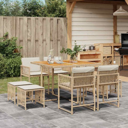 9 Pcs conjunto de jantar p/ jardim com almofadões vime PE bege