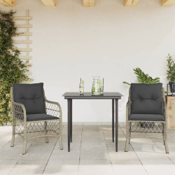 3 Pcs conjunto bistrô com almofadões vime PE cinzento claro