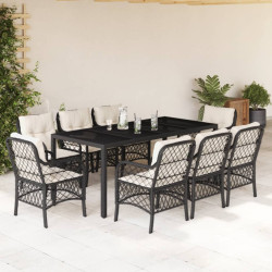 9 Pcs conjunto de jantar p/ jardim c/ almofadões vime PE preto