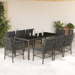9 Pcs conjunto de jantar p/ jardim c/ almofadões vime PE cinza