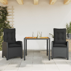 3 Pcs conjunto de jantar p/ jardim c/ almofadões vime PE preto