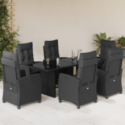7 Pcs conjunto de jantar p/ jardim c/ almofadões vime PE preto