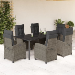 7 Pcs conjunto de jantar p/ jardim c/ almofadões vime PE cinza