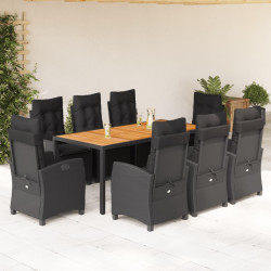 9 Pcs conjunto de jantar p/ jardim c/ almofadões vime PE preto