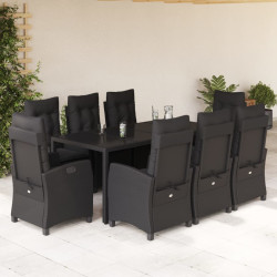 9 Pcs conjunto de jantar p/ jardim c/ almofadões vime PE preto