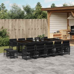 15 Pcs conjunto de jantar p/jardim com almofadões vime PE preto