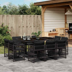 11 Pcs conjunto de jantar p/ jardim c/ almofadões vime PE preto