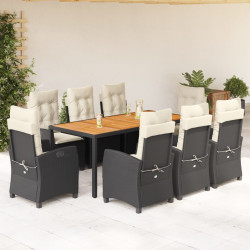 9 Pcs conjunto de jantar p/ jardim c/ almofadões vime PE preto