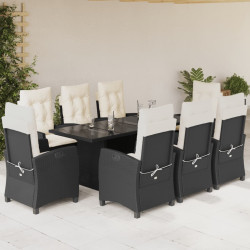 9 Pcs conjunto de jantar p/ jardim c/ almofadões vime PE preto