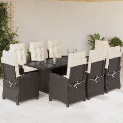 9 Pcs conjunto jantar p/ jardim c/ almofadões vime PE castanho