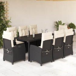 9 Pcs conjunto de jantar p/ jardim c/ almofadões vime PE preto