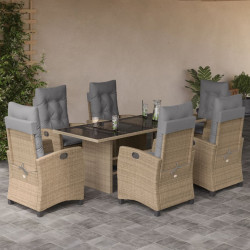 7 Pcs conj. jantar jardim c/ almofadões vime PE bege misturado