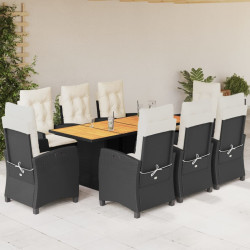 9 Pcs conjunto de jantar p/ jardim c/ almofadões vime PE preto