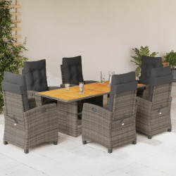 7 Pcs conjunto de jantar p/ jardim c/ almofadões vime PE cinza