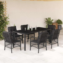 7 Pcs conjunto de jantar p/ jardim c/ almofadões vime PE preto
