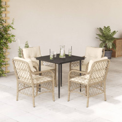 5 Pcs conjunto de jantar p/ jardim com almofadões vime PE bege