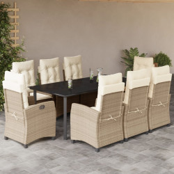 9 Pcs conjunto de jantar p/ jardim com almofadões vime PE bege