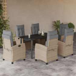 7 Pcs conj. jantar jardim c/ almofadões vime PE bege misturado