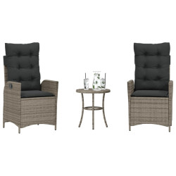 3 Pcs conjunto bistrô com almofadões vime PE cinza