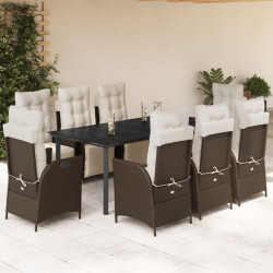 9 Pcs conjunto jantar p/ jardim c/ almofadões vime PE castanho