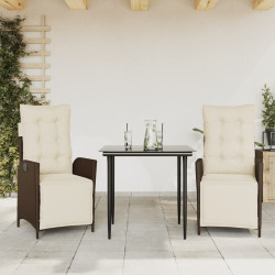 3 Pcs conjunto jantar p/ jardim c/ almofadões vime PE castanho