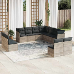 11 Pcs conjunto sofás de jardim c/ almofadões vime PE cinzento
