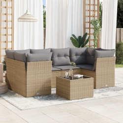 7 Pcs conjunto de sofás p/ jardim com almofadões vime PE bege