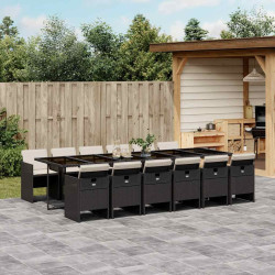 13 Pcs conjunto de jantar p/jardim com almofadões vime PE preto
