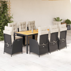 9 Pcs conjunto de jantar p/ jardim c/ almofadões vime PE preto