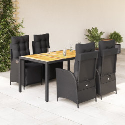 5 Pcs conjunto de jantar p/ jardim c/ almofadões vime PE preto