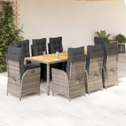9 Pcs conjunto de jantar p/ jardim c/ almofadões vime PE cinza