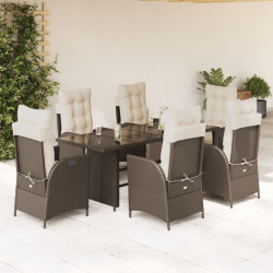 7 Pcs conjunto jantar p/ jardim c/ almofadões vime PE castanho