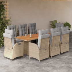 9 Pcs conj. jantar jardim c/ almofadões vime PE bege misturado