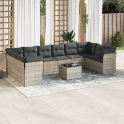 11 Pcs conjunto sofás de jardim c/ almofadões vime PE cinzento