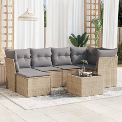 7 Pcs conjunto de sofás p/ jardim com almofadões vime PE bege