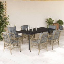 7 Pcs conj. jantar jardim c/ almofadões vime PE bege misturado