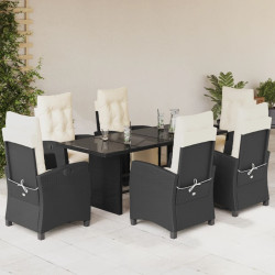 7 Pcs conjunto de jantar p/ jardim c/ almofadões vime PE preto