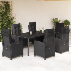 7 Pcs conjunto de jantar p/ jardim c/ almofadões vime PE preto